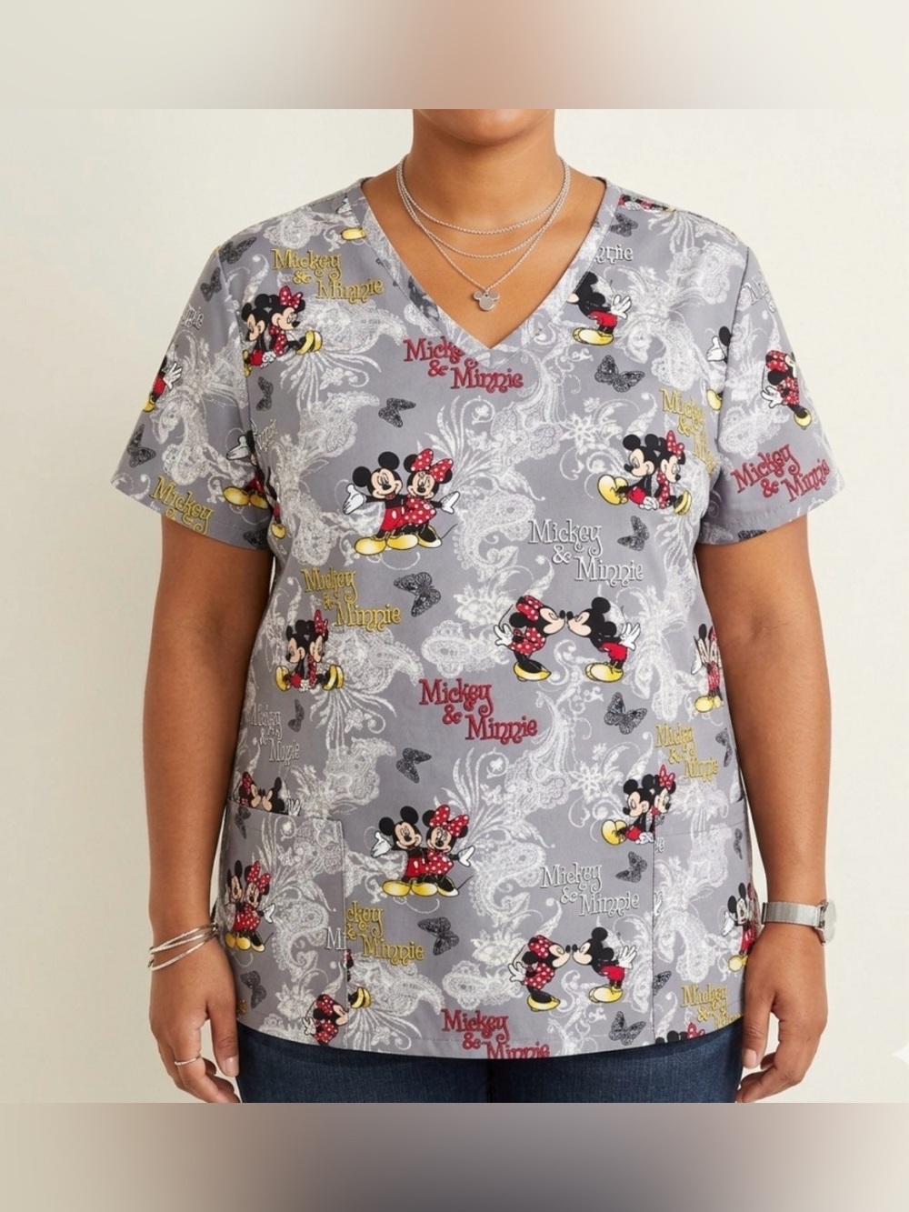 Disney Mickey & Minnie Mouse Gray Butterfly Scrub Top Pockets Size 2XL